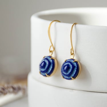 lapis blue earrings, dainty cobalt blue carved ceramic porcelain earrings, gold drop earrings, unique gift for her 