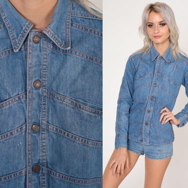 70s Denim Shirt Blue Jean Snap Button Up Shirt Topstitch Collared Top Retro Long Sleeve Seventies Cotton Vintage 1970s Faded Glory Small S 