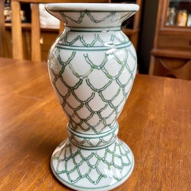Vintage Style Green and White Ceramic Taper Candle Holder 