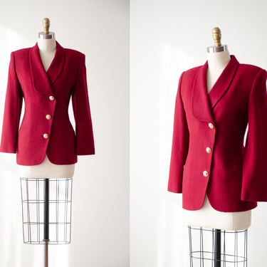 red wool jacket | 80s vintage Oleg Cassini dark red burgundy dark academia nipped waist blazer jacket 