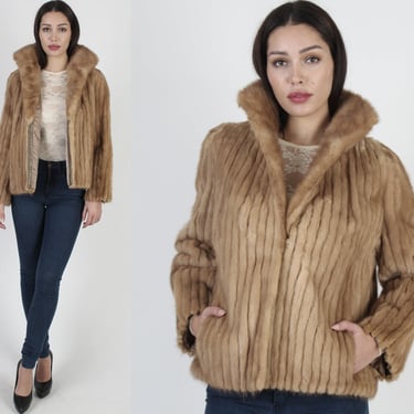 80s Autumn Haze Mink Coat, Corded Fur Winged Collar, Cropped Real Animal Jacket 