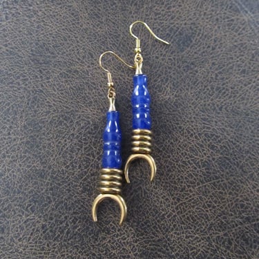 Carved gemstone and gold earrings, blue 