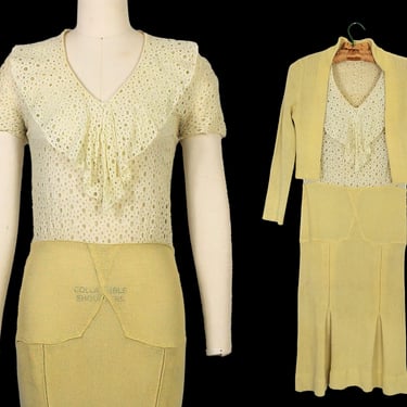 1930s Dress /  30s Knit Sportswear Dress / Cotton Yellow and White Color Block / Eyelet / Deco Tennis Dress 