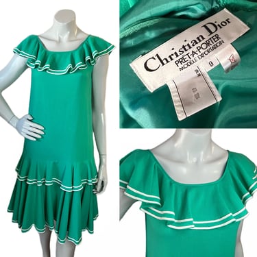 Christian Dior Green & White 80s Ready to Wear Dress