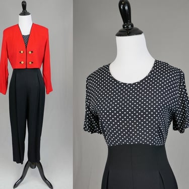 80s 90s Jumpsuit and Jacket Set - Red Black White - Military Style Cropped - Polka Dots - Sheri Martin - Vintage 1980s 1990s - S 