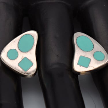 60's Atomic sterling turquoise triangle studs, Modernist geometric inlaid 925 silver earrings 