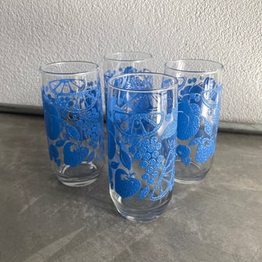 Libbey Blue Fruit Tall Glassware | Set of 4 | Vintage Tea Glasses | Fanciful Fruit | Vintage Tumblers | 1980s 