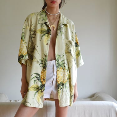 silk cabana hawaiian pineapple shirt oversized boxy short sleeve 