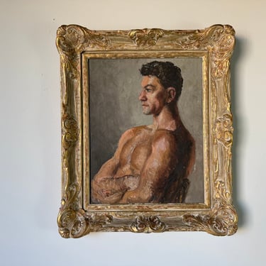 1970's Vintage  Male Nude Portrait Oil On Canvas Painting, Framed 