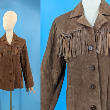 ESPRIT 90s Medium Brown Suede Fringed Button Front Jacket 