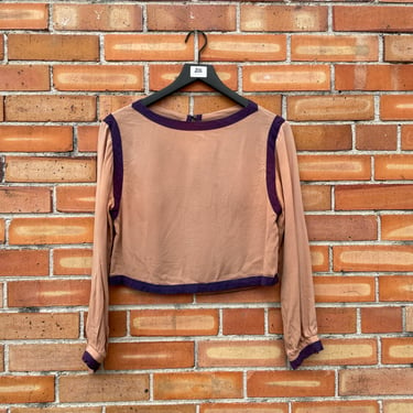 vintage 80s brown rayon cropped blouse / m medium 