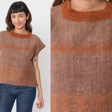 Wool Sweater Top 80s Knit Shirt Brown Orange Striped Cap Sleeve Retro Boho Fall Blouse Simple Basic Cozy Bohemian Vintage 1980s Medium M 