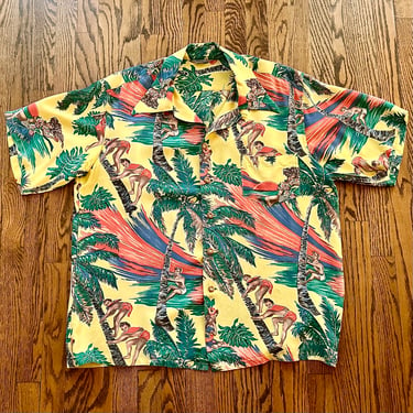Spectacular 1940 / 1950s  Rayon Kamehameha Coconut Tree Climber Print Aloha / Hawaiian Shirt Large. 