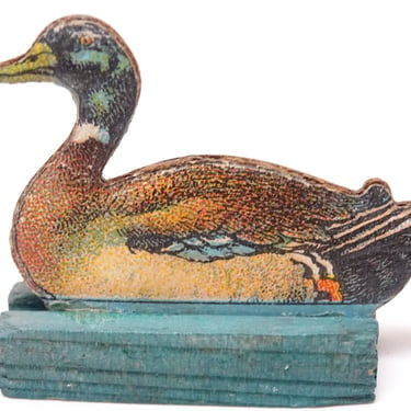 Antique German Duck in Wood Stand, Pressed Embossed Cardboard Stand Up Farm Toy for Christmas Putz or Nativity 