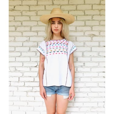 Hand Embroidered Mexican Blouse // vintage rainbow white cotton boho hippie Mexican hand embroidered dress hippy tunic huipil // O/S 