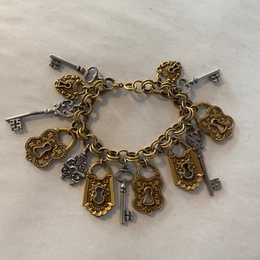1960s charm bracelet, art, lock and key, vintage bracelet, victorian style, silver and goldtone, mid century jewelry, chunky, dangle, love 