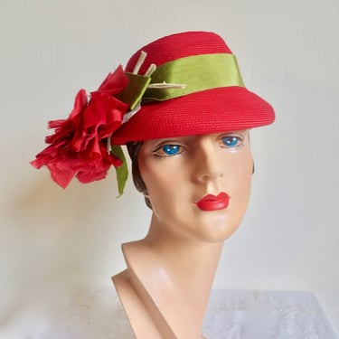 1950's Red Straw Small Brim Hat Red Silk Flowers Lime Green Ribbon Trim 50's Spring Summer Millinery La Derniere Creation Francais Size 22 