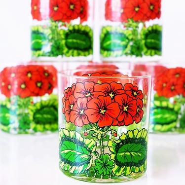 Vintage floral drinking glasses Set of 6 Georges Briard old fashion rocks glasses Red geranium flower Grandmillenium style barware for mom 