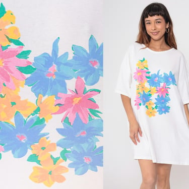 90s Floral Tshirt Dress Vintage White Graphic T Shirt Dress Pink Blue Yellow Flowers 1990s Catalina Small Medium Large xl 