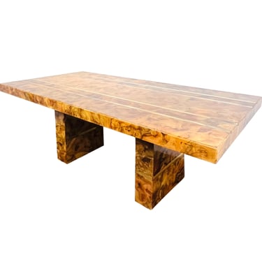 #1183 Custom Burl and Brass Double Pedestal Dining Table