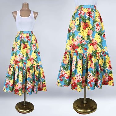 VINTAGE 60s Novelty Fruit Print Skirt 27" Waist With Pockets- Cherries, Grapes, Apples | 1960s Bright Handmade Ruffle Hem Skirt | VFG 