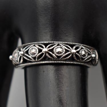 Vintage RJ Graziano Avon 925 silver marcasite size 7 1/2 band, open work sterling pyrite floral boho ring 