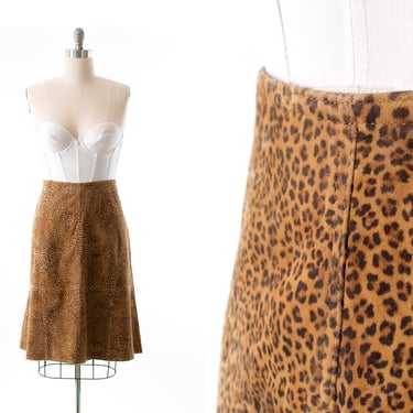 Vintage 1980s Skirt | 80s Suede Leopard Animal Print High Waisted A-Line Skirt (x-large) 
