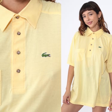 Yellow Lacoste Polo Shirt 90s Izod Collared Shirt Crocodile Short Sleeve Top Retro Plain Half Button Up Vintage 1990s Men's Extra Large xl 