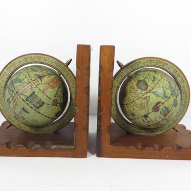 Vintage Wood World Globe Bookends - World Globe Bookends 