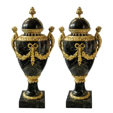 Pair of French 19th Century Luis XVI Bronze &amp; Marble Urns