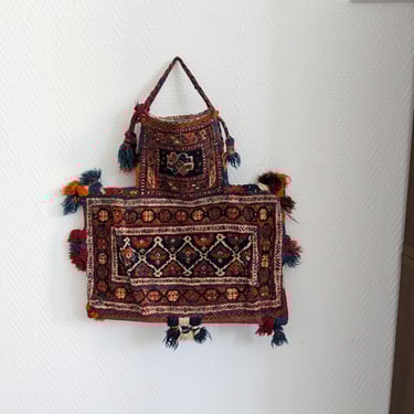 Vintage wall hanging, handmade salt bag, antique shepherd's bag, wall storage 
