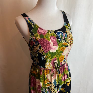 90’s Betsey Johnson Rayon floral jumpsuit romper sleeveless black lovely flower pattern tank 1930s insp wide full leg size small 