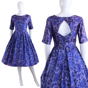 1950s Purple Rose Print Floral Fit & Flare - 1950s Purple Party Dress - 1950s Rose Print Fit and Flare  - 1950s Purple Dress | Size Small 