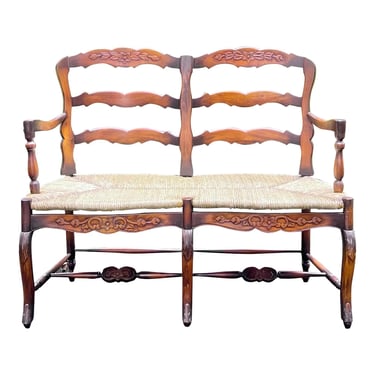 Rustic European Carved Mahogany Rush Seat Ladderback Bench / Settee 