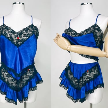 Vintage 70s-80s Royal Blue 2 Piece Lingerie Set w Black Lace by Frederick's of Hollywood Medium | Sexy, Valentines, Disco, Satin, High Waist 