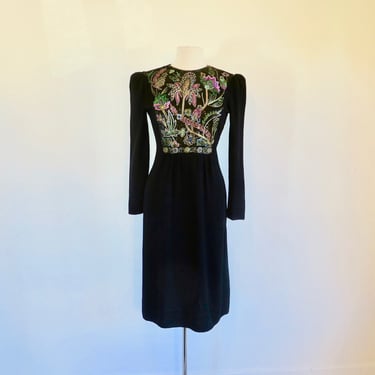 Vintage 1980's Lilli Rubin Black Santana Knit Long Sleeve Dress With Floral Beaded Sequin Bodice Evening Formal Cocktail Party Size Medium 