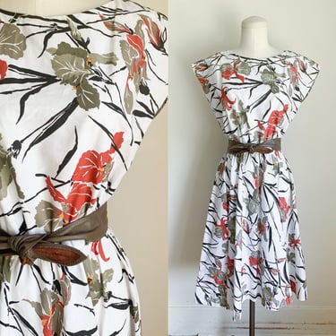 Vintage 1980s Iris Floral Dress with a leather belt / S 