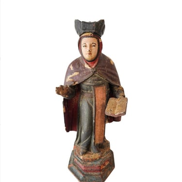 Large Antique Spanish Colonial Carved Polychrome Wood Santo Altar Figure Sculpture Saint Teresa of Avila 18th/19th Century 