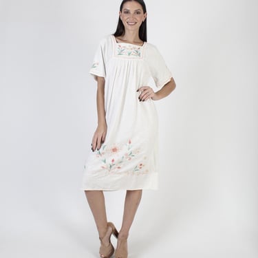 Embroidered Off White Mexican Cotton Kaftan Dress 