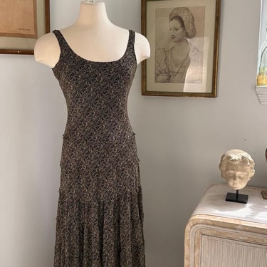 Vintage Boho Dress Geometric Pattern Sleeveless Black and beige Flared Skirt | Women's Unisex Dress | Retro Fashion | Mid-Century Outfit 