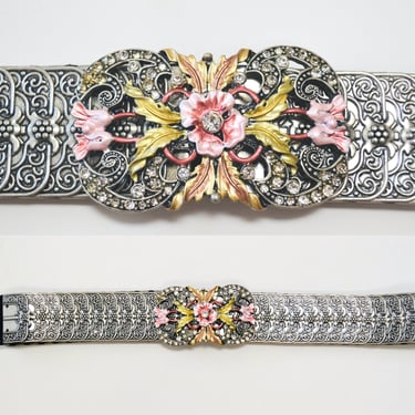 Vintage silver floral Leather Wide Waist cincher statement‎ Belt  90s Y2K Small Vintage Leather Flower Chain Belt Boho Y2K Daisy Waist Belt main image 2