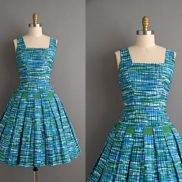 vintage 1950s Blue & Green Cotton Dress - Small 