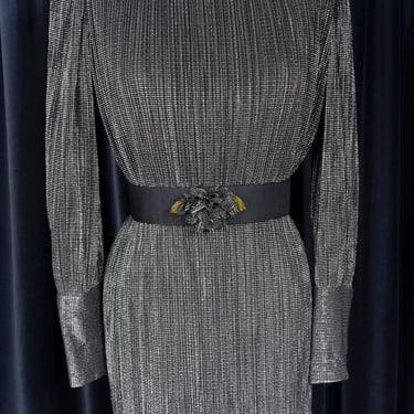 80s Virgo II Silver and Black Shimmery Textured Shift Dress with Balloon Sleeves 