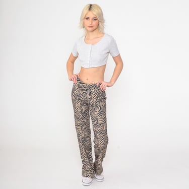 Vintage Y2K Flared Pants Abstract Zebra Stripe High Waist Front Zip Mid Rise 90s Tan Animal Print Clubwear Going Out Medium 9 
