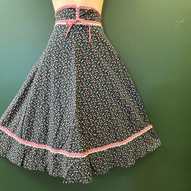 vintage prairie skirt 1970s Byer navy floral gingham midi medium 