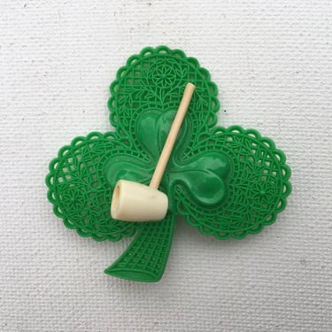 Vintage St. Patrick's Day Pin, Plastic Celluloid, Green Filigree Shamrock With Pipe, Luck Of The Irish 