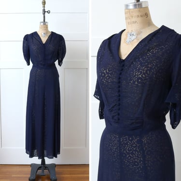 vintage 1930s navy blue puff sleeve dress • semi-sheer burnout floral full length Art Deco dress 