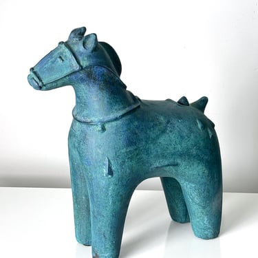 Vintage Large Mid Century Modern Verdigris Ceramic Japanese Haniwa Style Horse Sculpture 1960s 