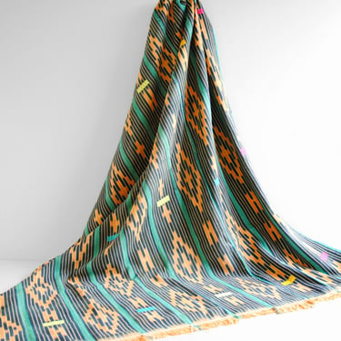 Vintage African Indigo Textile Throw Blanket, Embroidered Baule Indigo Fabric in Blue, White, and Orange 56