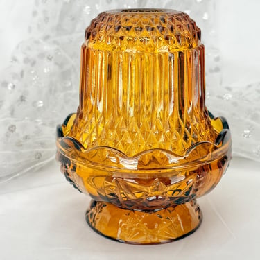 Cut Glass Fairy Lamp, Fairy Light, 2-Piece, Stars, Amber Indiana Glass, Diamond Cut Glass, Faceted, Mid Century Vintage Candle Holder 